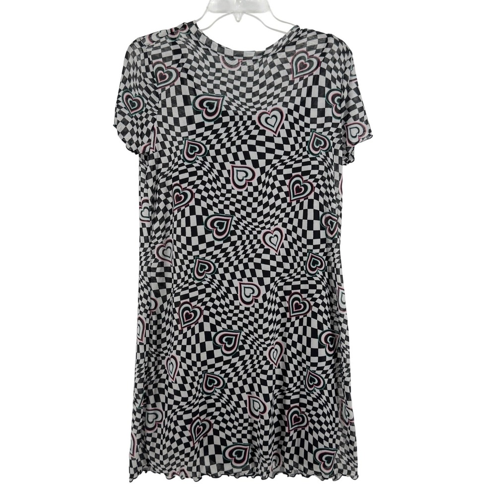 Y2K Mini Dress Checkerboard Heart Print Size 16 Retro Rave E-girl That's It Mesh